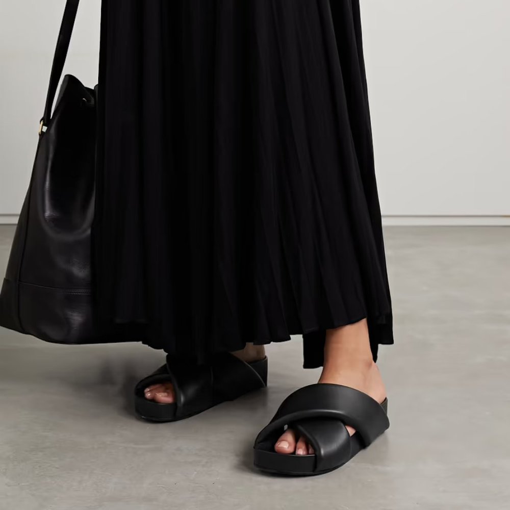 JIL SANDER Lambskin Crisscross Slide Sandals Black NIB